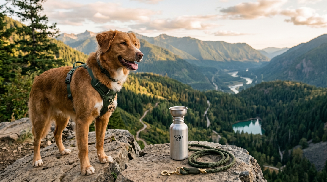"A happy dog wearing a dark green NogaPaws harness standing on a mountain cliff with a dog water bottle and leash, overlooking a scenic valley landscape.