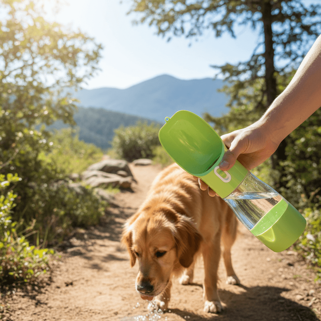 A person holds an open bright green pet water bottle over a golden retriever on a dirt hiking trail with mountains in the background.