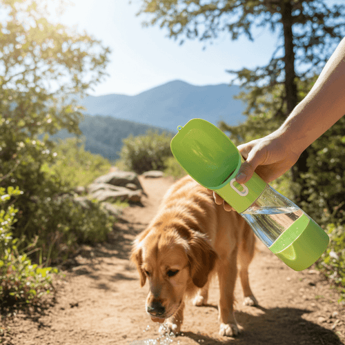A person holds an open bright green pet water bottle over a golden retriever on a dirt hiking trail with mountains in the background.