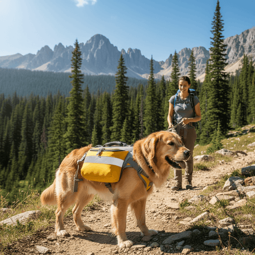 A golden retriever dog wearing a yellow and gray hiking pack stands on a mountain trail with a woman hiking behind it, with pine trees and rocky mountains in the background.