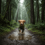 A golden retriever dog wearing an olive green raincoat runs through a muddy puddle on a forest path, surrounded by tall trees and rain.
