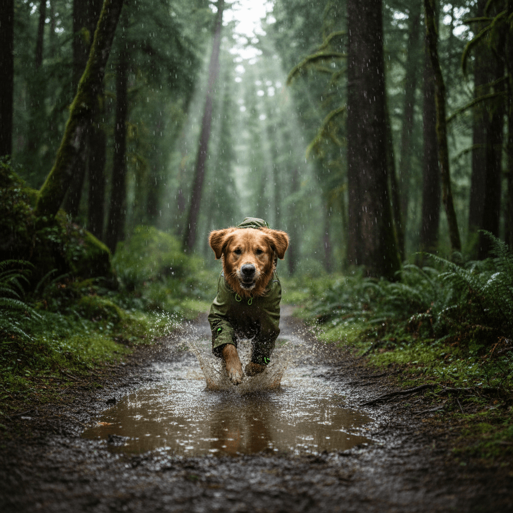 A golden retriever dog wearing an olive green raincoat runs through a muddy puddle on a forest path, surrounded by tall trees and rain.