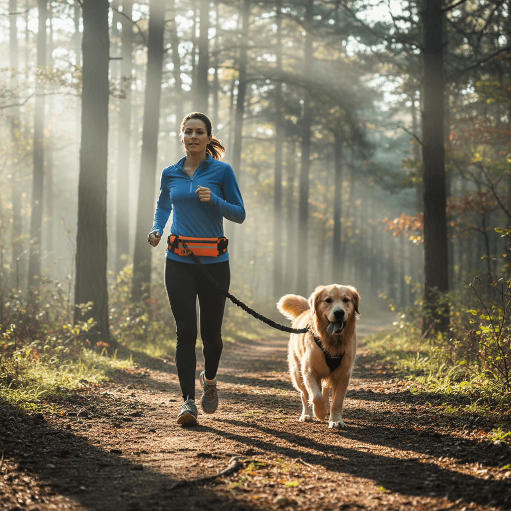 A woman jogging on a forest path with a golden retriever on a leash. She is wearing a blue long-sleeve athletic top, black leggings, and a bright orange waist pack.