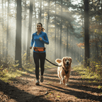 A woman jogging on a forest path with a golden retriever on a leash. She is wearing a blue long-sleeve athletic top, black leggings, and a bright orange waist pack.