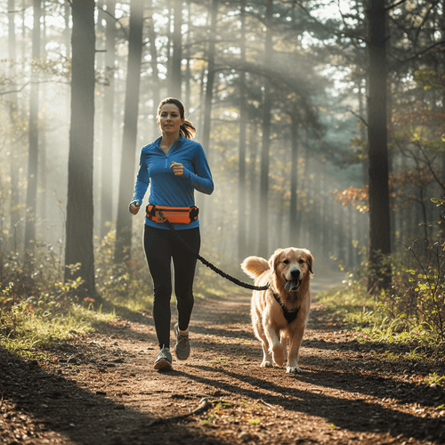 A woman jogging on a forest path with a golden retriever on a leash. She is wearing a blue long-sleeve athletic top, black leggings, and a bright orange waist pack.